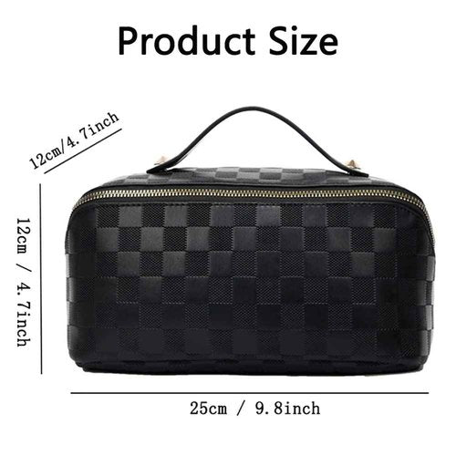 Niumike Large Capacity Travel Cosmetic Bags for Women - PU Leather Small Cute Plaid Checkered Makeup Bag Organizer Waterproof Portable Travel Toiletry Bag (Pink)