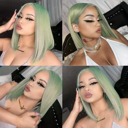13x4 Free Part Wigs,Bleached Knots Lace Bob Wig Colored Mint Green,Full and Thick Remy Human Hair Wig Pre Plucked with Baby Hair,Straight HD Lace Front Wigs 180% Density(12Inch,Mint Green)