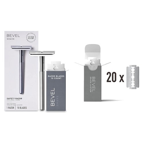 Bevel Safety Razor with Brass Weighted Handle and 30 Double Edge Safety Blade Refills, Single Blade Razor for Men, Designed for Coarse Hair to Prevent Razor Bumps - Silver (Packaging May Vary)