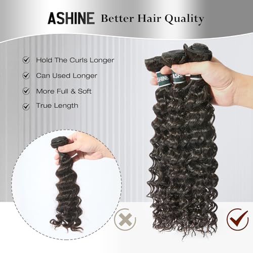ASHINE Human Hair Bundle Deep Wave Unprocessed Cambodian Raw Hair 20 Inch, Flip Over Quick Weave Wet and Wave Bundles for Women Natural Black