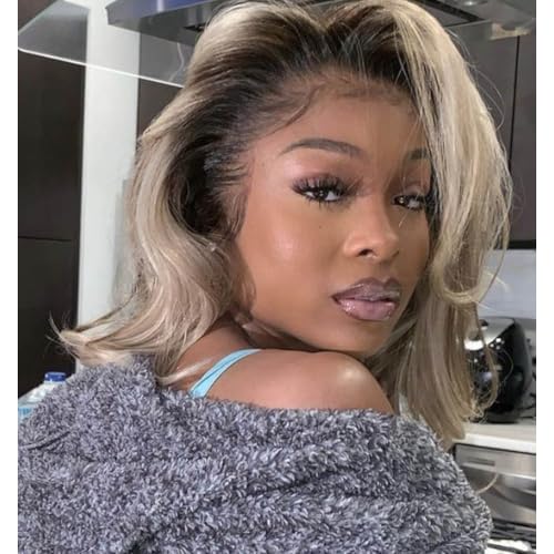 200% Density Ombre Ash Blonde Lace Front Bob Wig Human Hair Body Wave 13x4 Thicker Ombre Brown Roots with Grey Ash Blonde Short Bob Wig Pre Plucked with Baby Hair for Women 12 Inch