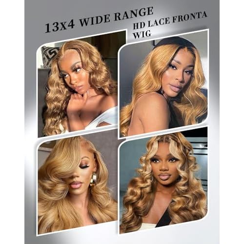 Honey Blonde Lace Front Wigs Human Hair 13x4 HD Transparent Lace Frontal Wigs Body Wave Colored 27 Honey Brown Wavy Wig Pre-Plucked Hairline 180% Density 20 inch