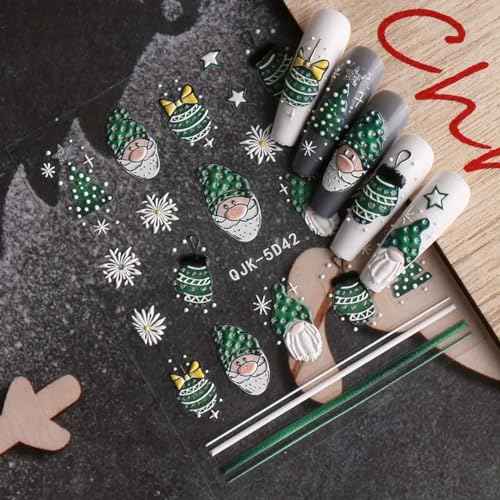 Christmas Nail Art Stickers White Snowflake 5D Embossed Nail Decals for DIY or Nail Salon, Self-Adhesive Santa Claus Xmas Tree Green Dwarf Design Acrylic Stickers Nail Art Supplies for Women Decor