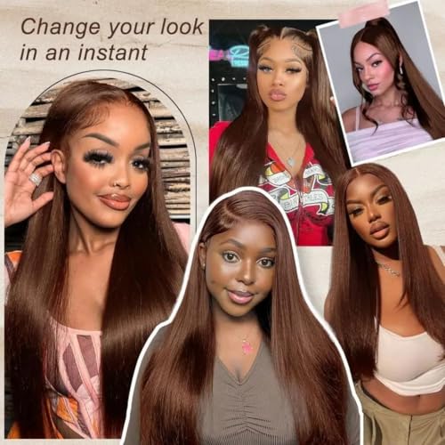 14 Inch Chocolate Brown Lace Front Wigs Human Hair Pre Bleached 200% Density 13x6 HD Straight Lace Front Wigs Pre Plucked with baby Hair