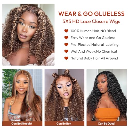 Highlight 5x5 HD Lace Closure Wigs Human Hair Deep Wave P4/27 Ombre Lace Closure Wig for Black Women 180 Density Honey Blonde Closure Wigs Pre Plucked Glueless 24 Inch