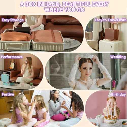 Makeup Organizer Box with Detachable Lighted Mirror, Travel Train Cosmetic Case, Adjustable Divider Storage Bag, Portable Artist Storage Suitcase with Magnetic LED Mirror (Light Pink)