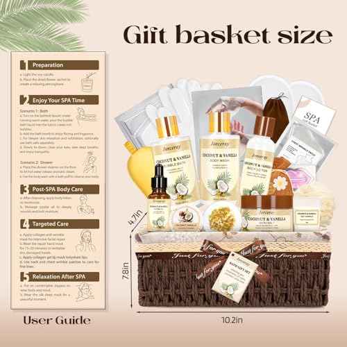 Bath and Body Gift Basket Set for Women - Coconut Vanilla Spa Gift Basket for Women 22pcs Luxury Bath Gift Set with Shower Gel Self Care Pampering Gifts for Mothers Day, Christmas, Birthday Gifts