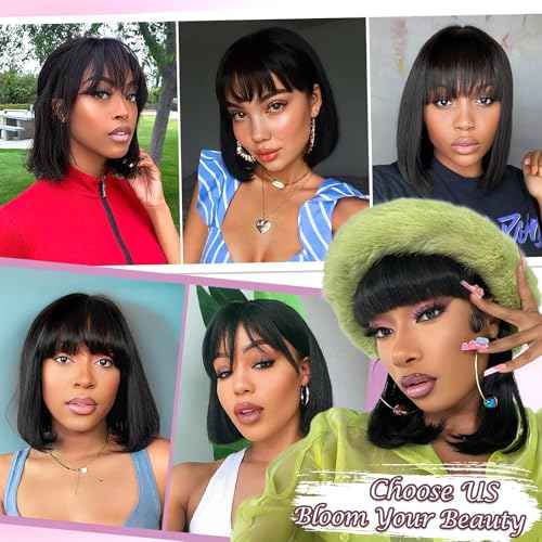 Bob Human Hair Wig with Bangs Silky Straight Glueless Wigs Human Hair 150% Density Black Bob Wig with Bangs None Lace Machine Made Wigs for Black Women 14Inch