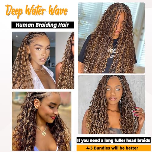 Human Braiding Hair Deep Wave Bulk Human Hair for Braiding 4/27 Honey Blonde No Weft Curly Braiding Hair Extensions for Boho Braids Wet and Wavy Braiding Human Hair Bundles 30 Inch 100g