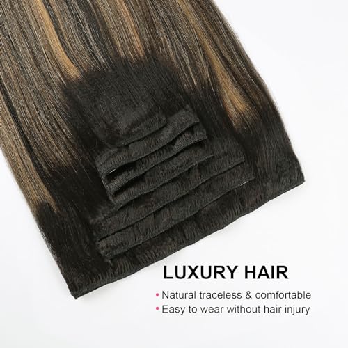 ABH AMAZINGBEAUTY HAIR Light Yaki Clip in Extensions Rooted Black Piano Natural Black Fading into Caramel Blonde Two Tone Yaki Straight Clip ins for Black Women 18 Inch 120G
