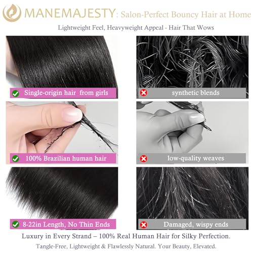 12A Straight Human Hair Bundles 3 Pcs 16 Inch 100% Real Human Hair Extension Unprocessed Brazilian Virgin Human Hair Quick Weave Straight Bundles Human Hair Natural Color for Black Women