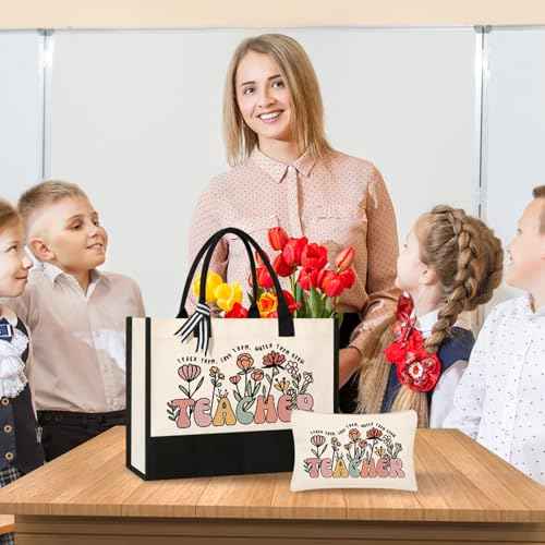 Teacher Appreciation Gifts, Canvas Tote Bag and Makeup Bag Set for Women