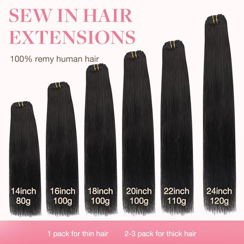 GOO GOO Sew in Hair Extensions Real Human Hair, Weft Hair Extensions Human Hair, 1B Natural black 20inch 105g, Weft Bundles Straight Silky Remy Hair