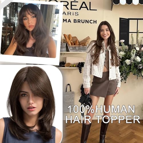 Hair Toppers for Women Real Human Hair,360¡Æ3D Big Basement Cover Topper for Women with Thinning Crown with Wispy Clip in Bangs Realistic Scalp (1B, 3D Wispy Bangs 18INCH)