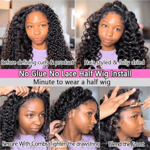 Half Wig Human Hair Water Wave Half Wig 3 in 1 Glueless Wigs 200% Density Wear and Go Wigs Seamless Flip Over with Drawstring Beginner Friendly Curly Wig Headband Wig for Women 18 Inch