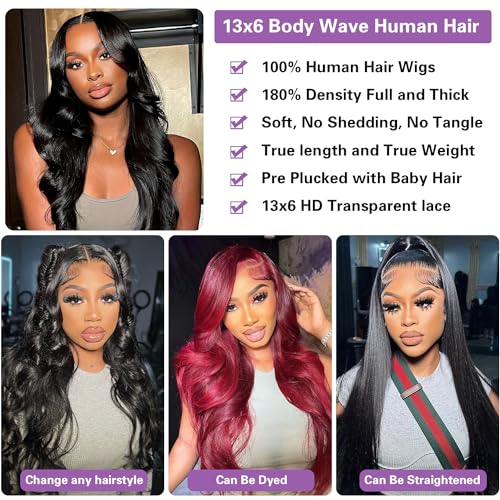 13x6 Lace Front Wigs Human Hair Body Wave HD Lace Frontal Wigs Human Hair 22 Inch Glueless Brazilian Virgin Human Hair Wigs for Women 180% Density Natural Black Color