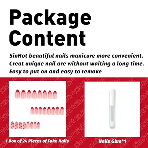 SINHOT Valentines Day Press on Nails Medium Almond Fake Nails Glossy Glue on Nails Cute Love Heart Stiletto Artificial Nails Red French Tip Acrylic Nails False Nails with Design 24 pcs