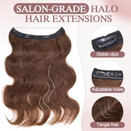 Halo Hair Extensions Real Human Hair Wavy Invisible Wire Hairpiece Adjustable One Piece With 2 Secure Clips For Women to Add Length,16 Inch 04 Chocolate Brown,65g
