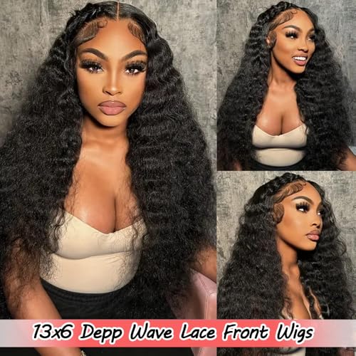 13x6 HD Lace Front Wigs Human Hair 180% Density Deep Wave Lace Front Wig Human Hair Pre Plucked Brazilian Virgin Curly Transparent Frontal Wigs Human Hair for Women 22 Inch