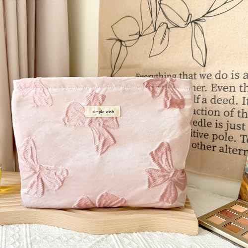 Pink Bow Makeup Bag for Purse Zipper - Large Capacity Canvas Cosmetic Organizer, Coquette Preppy Travel Toiletry Pouch for Women and Girls Gift Idea