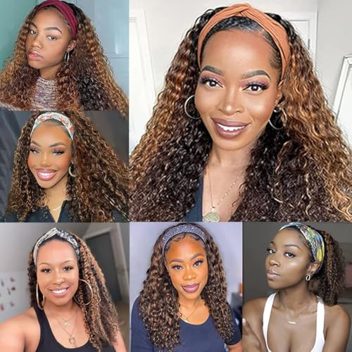 Highlight Deep Wave Wigs Human Hair 20 Inch Ombre Curly Headband Wig Human Hair Wigs for Black Women Human Hair Non Lace Front Wigs Brazilian Virgin Hair Brown Glueless Wear and Go Wigs Blonde