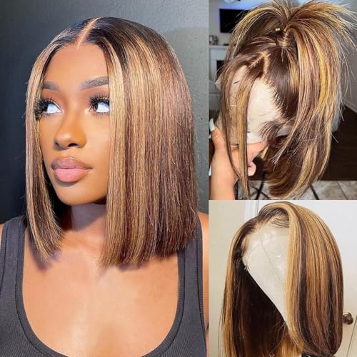 Bob Wigs Human Hair Highlight Ombre 13x4 Lace Front Wigs 4/27 Honey Blonde Glueless Wigs Pre Plucked with Baby Hair 180 Density Short Bob Wigs for Women 12 Inch