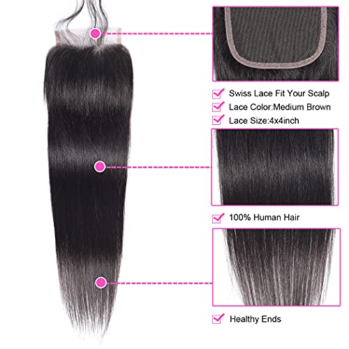 Peruvian Straight Human Hair Bundles with Closure(12" 14" 16"+10") Unprocessed Virgin Human Hair 3 Bundles with Closure 10A Straight Hair Weave Bundles with Lace Closure Natural Color