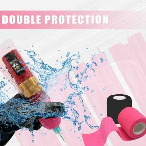 LEEYUKA 200Pcs Large Tattoo Machine Pen Covers with 6Pcs Grip Tape Machine Wrap Pink Tattoo Pen Sleeves with Self-Adhesive Tape Tattoo Supplies