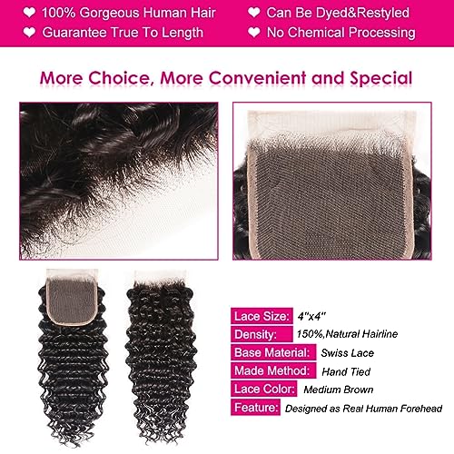 Deep Wave Bundles with Closure (12 14 16+10£¬Free Part) 100% Unprocessed Brazilian Virgin Hair Weave Bundles with Lace Closure Curly Virgin Human Hair Weft Natural Color for Black Women