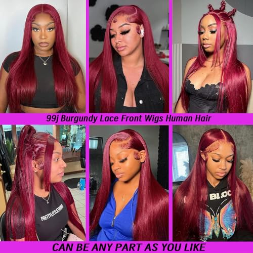 99j Burgundy Lace Front Wigs Human Hair 20Inch 13x6 Lace Front Wigs Human Hair Straight Red 180% Density HD Lace Front Human Hair Pre Plucked Pre Cut Glueless Wigs Colored For Women