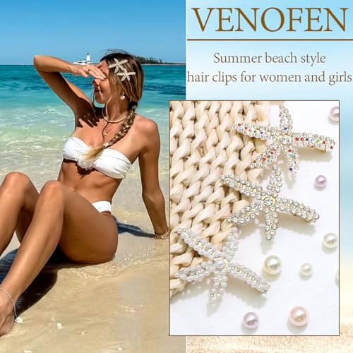 Starfish Rhinestone Hair Clips - 3PCS Seashell Crystal Barrettes Mermaid Accessories Head Pieces Glitter Hair Decoration for Women and Girls