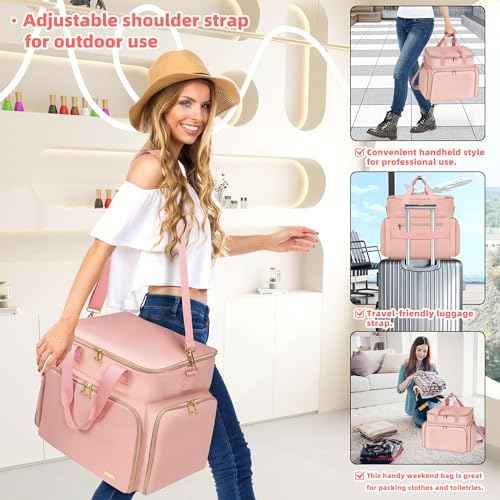 Nail Polish Organizer Case for 96 Bottles ? Waterproof Travel Bag with Hard Bottom ? Double Layer Nail Storage Bag with Adjustable Dividers & Nail Lamp Compartment ? for Home or Salon Use