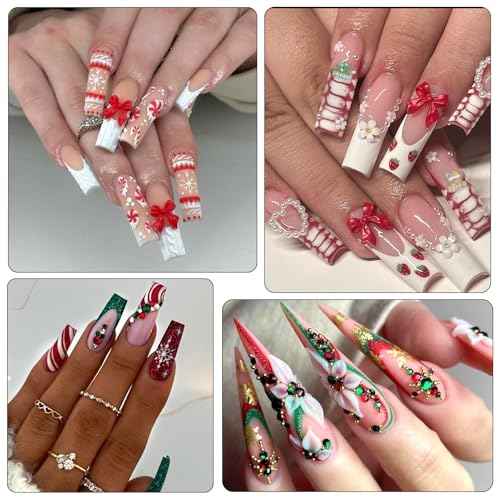 Christmas Nail Charms - 3D Bow Nail Charms, Pearls, Red & Green Nail Rhinestones, Santa, Snowman, White Snowflake, Metal Caviar Beads, with Kit, for Nail Art, Gift