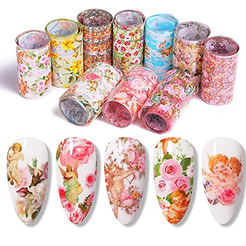 Nail Foil Transfer, DANNEASY 10 Sheets Angle Cupid Flower Design Nail Stickers Wraps Foil Nail Art Decals Manicure Strips DIY Nails Decoration Accessories