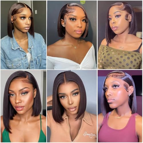 Dark Brown Bob Wig Human Hair 13X4 Lace Front Wigs Human hair 180% Density Short Straight Frontal Bob Wig HD Transparent Lace Frontal wigs Pre Plucked for Women With Baby Hair Dark Brown Color 14 Inch