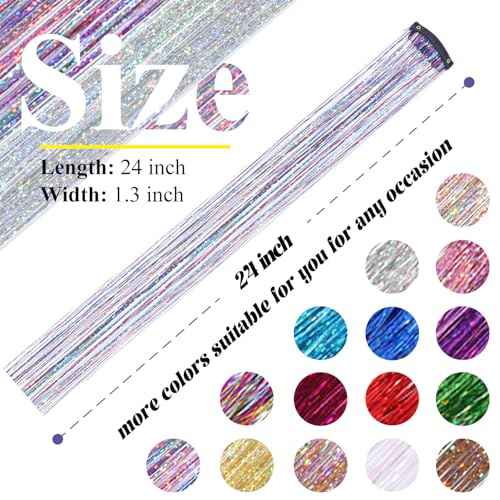 Hair Tinsel Clip in Dreamy Colorful Fairy Hair Tinsel Kit, 12 Pcs 24 Inch Glitter Clip in Hair Extensions for Girls Women Kids Christmas New Year Festival Party (Dreamy Colorful)