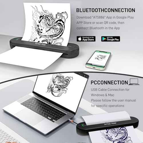 Tattoo Stencil Printer YILONG ATS886L, Thermal Printer Tattoo with 15 Pcs Transfer Paper, Bluetooth Tattoo Machines for Artists and Beginners, Tattoo Machine