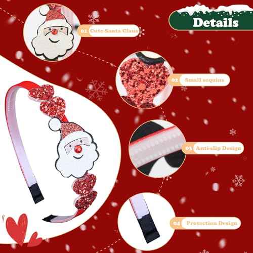 Christmas Headband Santa Claus Hair Band for Women Girls, Red Glitter Headbands Cartoon Xmas Hair Accessories Non Slip Winter Christmas Party Supplies New Year Holiday Costume Gift