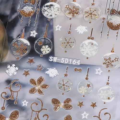 Christmas Nail Art Stickers Decals 5D Embossed Glitter Gold Xmas Nail Decals 3PCS Xmas Tree Lantern Ball Christmas Nails Adhesive Sticker Elk Snowflake Winter Manicure Supply for Nail Art Decorations