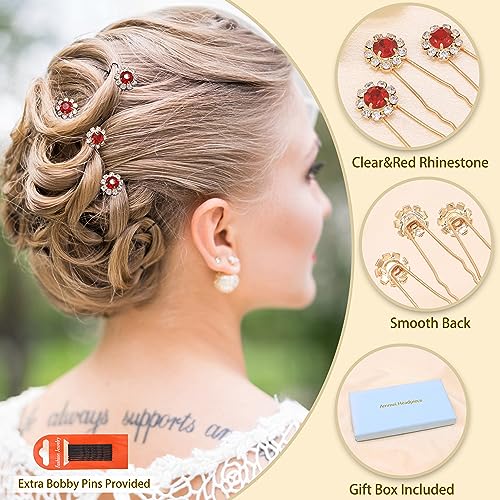 Ammei Crystal Bridal Hair Pins Clips Wedding Hair Accessories Hair Set Jewelry With Rhinestone For Brides and Bridesmaids Set Of 12 (Red)