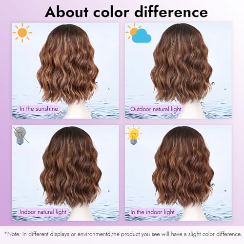 Brown Highlight Short Wavy Wig for Women Lace Hairline Bob Style Synthetic Heat Resistant - Natural Appearance for Everyday Hairstyle 14 Inch