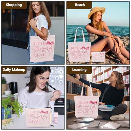Christian Gifts for Women, Girls Preppy Bow Canvas Tote Bag Makeup Bag Set, Inspirational Bible Verse Religious Gifts Anniversary Nurse Mothers Day Reusable Grocery Bags Travel Cosmetic Bags