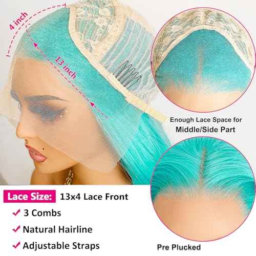 Blue Green Color Synthetic Lace Front Wigs for Fashion Women 24 Inch Long Silky Straight Hair Mint Green Wig 13x4 HD Lace Front Wigs Pre Plucked Hairline