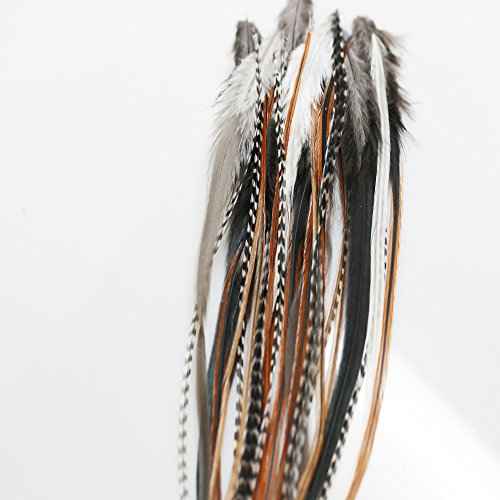 Sexy Sparkles Feather Hair Extensions - Natural Beige & Brown Feathers, 25 Individual Loose Feathers, 8-12 Inches, Includes 10 Silicone Micro Beads