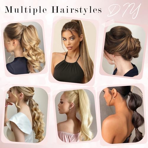Ponytail Extensions Human Hair Long Straight Ponytail Hair Extensions with Magic Paste Wrap Around Clip in Ponytail Extensions Real Human Hair,16inch #60 Platinum Blonde,80g