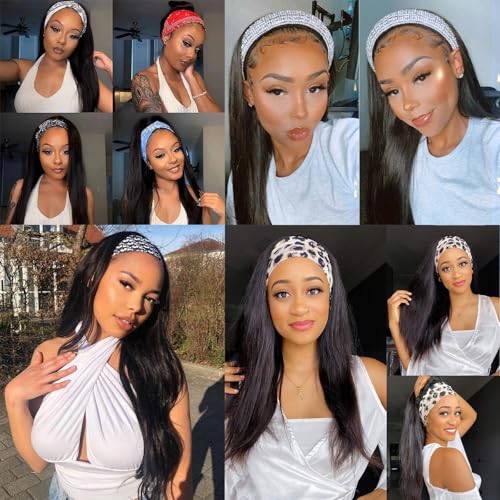 Headband Wig Human Hair Straight Headband Wigs Brazilian Virgin Hair 150% Density None Lace Front Wigs Human Hair Glueless Headband Half Wig for Women Natural Color 22 Inch