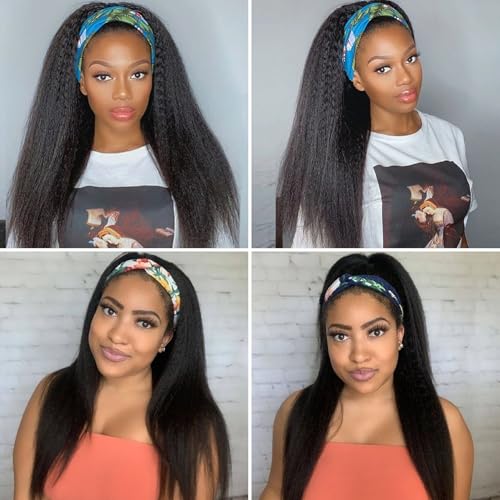 Headband Wig Human Hair Kinky Straight 20 Inch Glueless None Lace Front Wigs for Black Women Headband Half Wigs 180% Density Natural Color