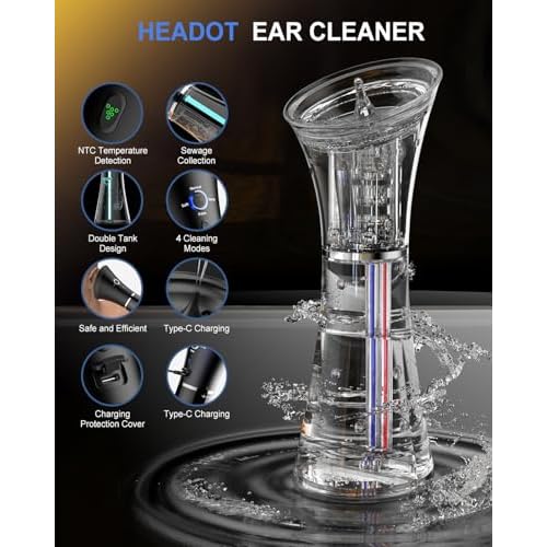 HeaDot Ear Wax Removal with Smart Water Temperature, Water Powered Ear Cleaner with 6 Tips, Safe and Effective Ear Wax Removal Kit with 4 Pressure Levels - IPX7