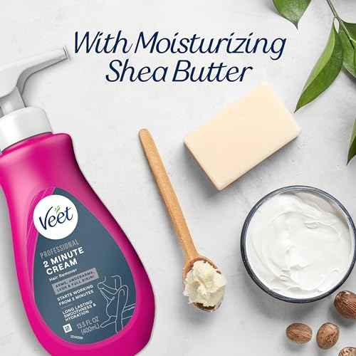 Veet Professional 2 Minute Cream for All Skin Types with Shea Butter, Full Bikini & Pubic Hair Removal, Dermatologically Tested, 13.5 FL OZ Bottle w/Spatula