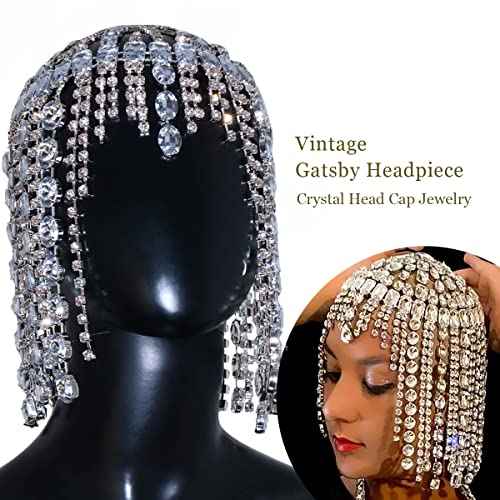 STONEFANS Vintage 1920s Rhinestone Headpiece Cap for Women Crystal Flapper Head Chain Hairpieces Gatsby Hair Accessories